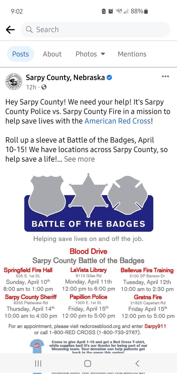 Come support Papillion Police but more importantly give blood and help the American Red Cross <a href="/papillionpolice/">Papillion Police</a> <a href="/CityofPapillion/">City of Papillion</a> <a href="/PMS_Titans/">Papillion Middle School</a>