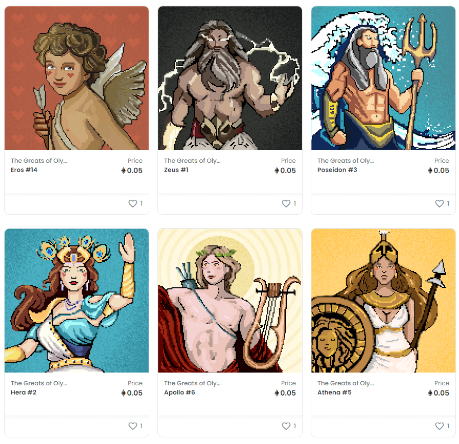 "The Greats of Olympus" and more on <a href="/opensea/">OpenSea</a>. Pixel versions of mythological beings for you. #NFTCommunity  #NFT #pixelart 

🤍⚡️🌊🦋☀️⚔️

opensea.io/collection/the…