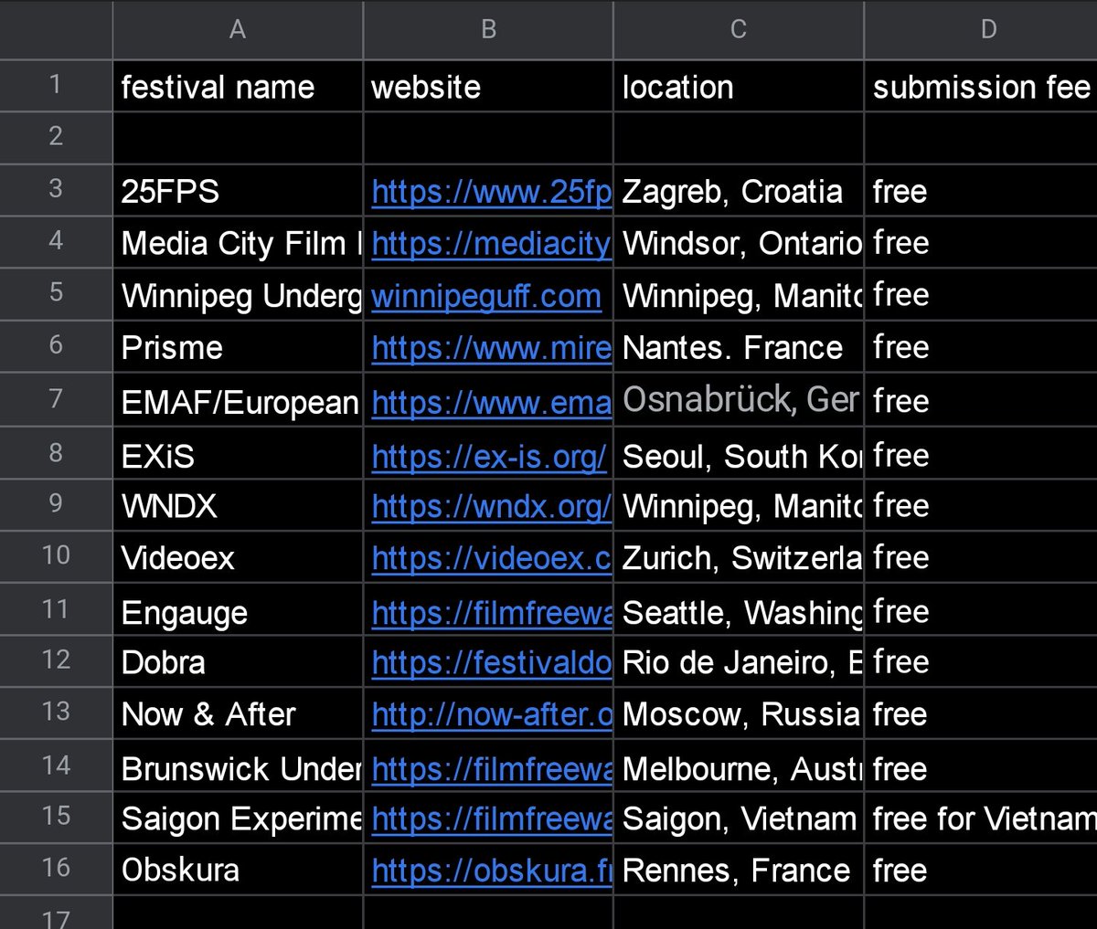 atlajala's tweet photo. beginnings of my list (in spreadsheet form) of festivals I have found that meet criteria i outlined previously (exp. film, no entry fees, open call, pays artists) still gathering info on a few of these &amp; list still v incomplete &amp; evolving. input welcome! https://t.co/3wbvvcrbUH https://t.co/V5M69FCsPo