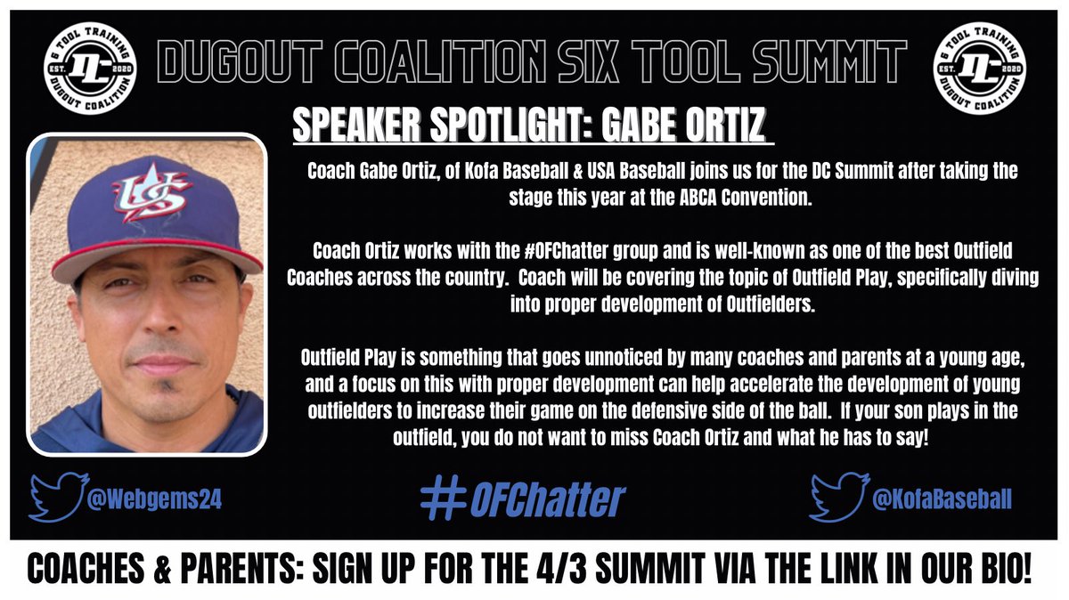 DugoutCoalition's tweet photo. Pleased to announce @Webgems24 of @KofaBaseball to the Speaker Panel for the FREE #DCSummit on 4/3.

Tremendous knowledge for the game and speaking on Outfield Play. Another top notch dude joining the Summit!

RSVP for this free Virtual Summit via link in bio! #OFChatter https://t.co/YuVrbLUJp1