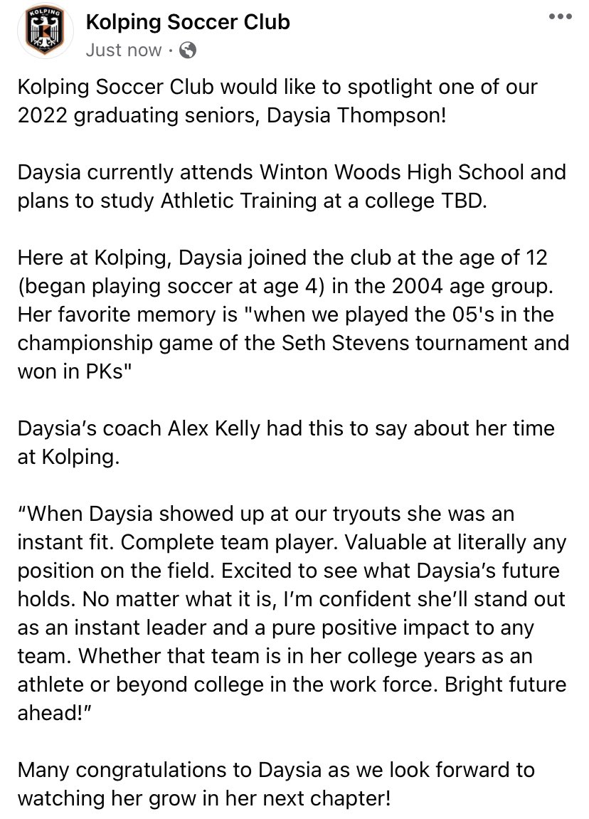 KolpingSC's tweet photo. Today Kolping SC wants to recognize one of our graduating 2022 seniors, Daysia Thompson. No matter what, she’ll always be 🟧⬛️. #KolpingSC https://t.co/d5E6EoDpq6