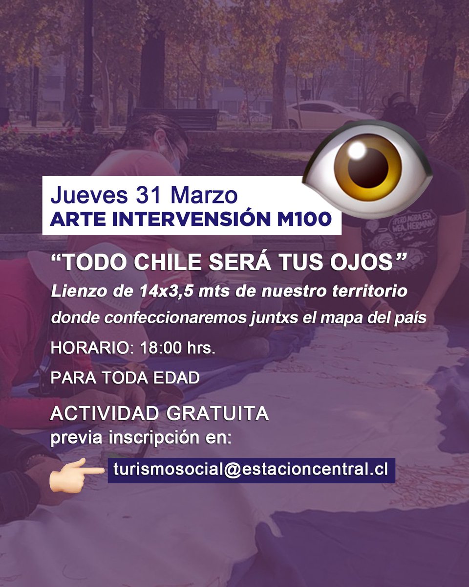 TurismoECentral's tweet photo. NUEVOS CUPOS MATUCANA 100 ¡INSCRÍBASE!
👉este sábado 26, APACHETA visita guiada por la artista Paula Zegers
👉Jueves 31, TODO CHILE SERÁ TUS OJOS intervención relacionada con el estallido social, donde todxs pueden participar 
Teléfono 224174723 / 232698587 https://t.co/sCVSbgOz71