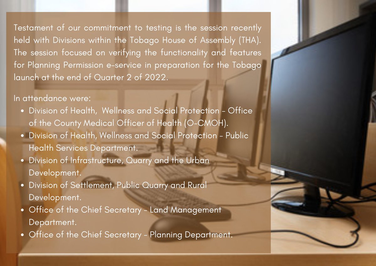 TTBizLink's tweet photo. THA in collaboration with the TCPD and TTBizLink teams came together to test the DevelopTT platform in preparation for the expansion the Planning Permission e-services to Tobago applicants. #testing #collaboration #OnlineApplications #digital https://t.co/f0Pwzq1NG0