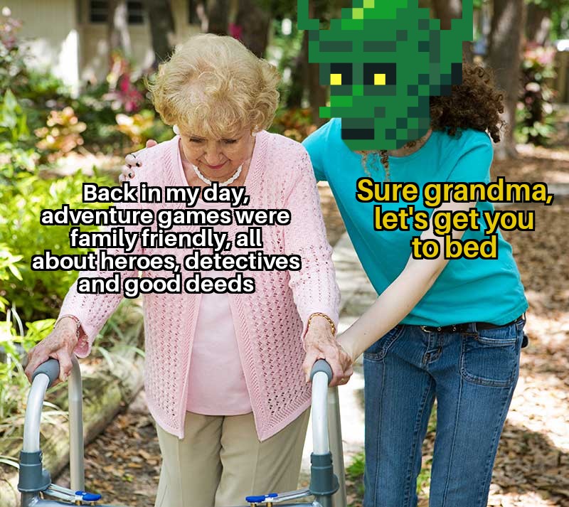 DavidBrocek's tweet photo. I don't think Grandma's gonna enjoy #GoblinsQuest
#indiedev #gamedev #AdventureGameFriday https://t.co/F2GbQ5zIej
