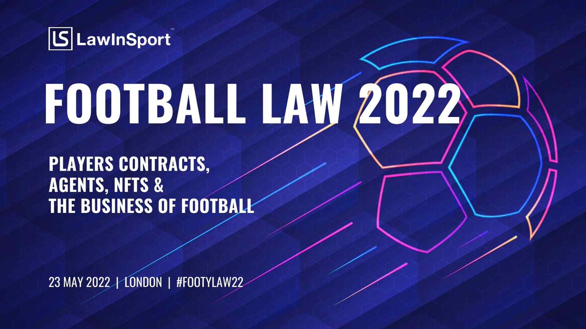 spcott's tweet image. Delighted to announce that the @LawInSport Football Law Conference is back in person on 23 May, London. Can&apos;t wait to see everyone in person! 

Topics:  NFTs &amp;amp; Fan Tokens, governance, player contracts, agents, fan behaviour, financial regs...
bit.ly/36mQ14d

#footylaw22