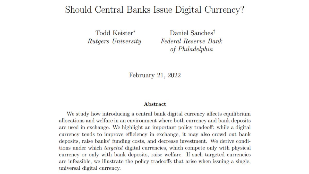 Recently accepted by REStud: “Should Central Banks Issue Digital Currency?” <a href="/todd_keister/">Todd Keister</a> and D. Sanches show the answer is often “yes” even if #CBDC competes with deposits and raises bank funding costs.

restud.com/paper/should-c…