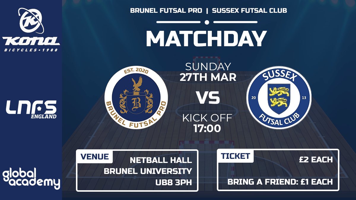 Next up: <a href="/SussexFutsal/">Sussex Futsal Club</a> 

We are hosting <a href="/SussexFutsal/">Sussex Futsal Club</a> this Sunday at 5️⃣pm at <a href="/Bruneluni/">Brunel University of London</a> Netball Hall 🙌

Our @LNFSengland journey continues - come down and show your support!🎉