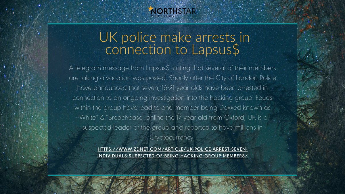 CybaVerse's tweet photo. Suspected Lapsus$ members arrested in the UK!

City of London Police have announced the arrests of seven 16-21 year olds. 

#CyberSecurity #Infosecurity #Malware #Ransomware https://t.co/TmoUoIKlYS