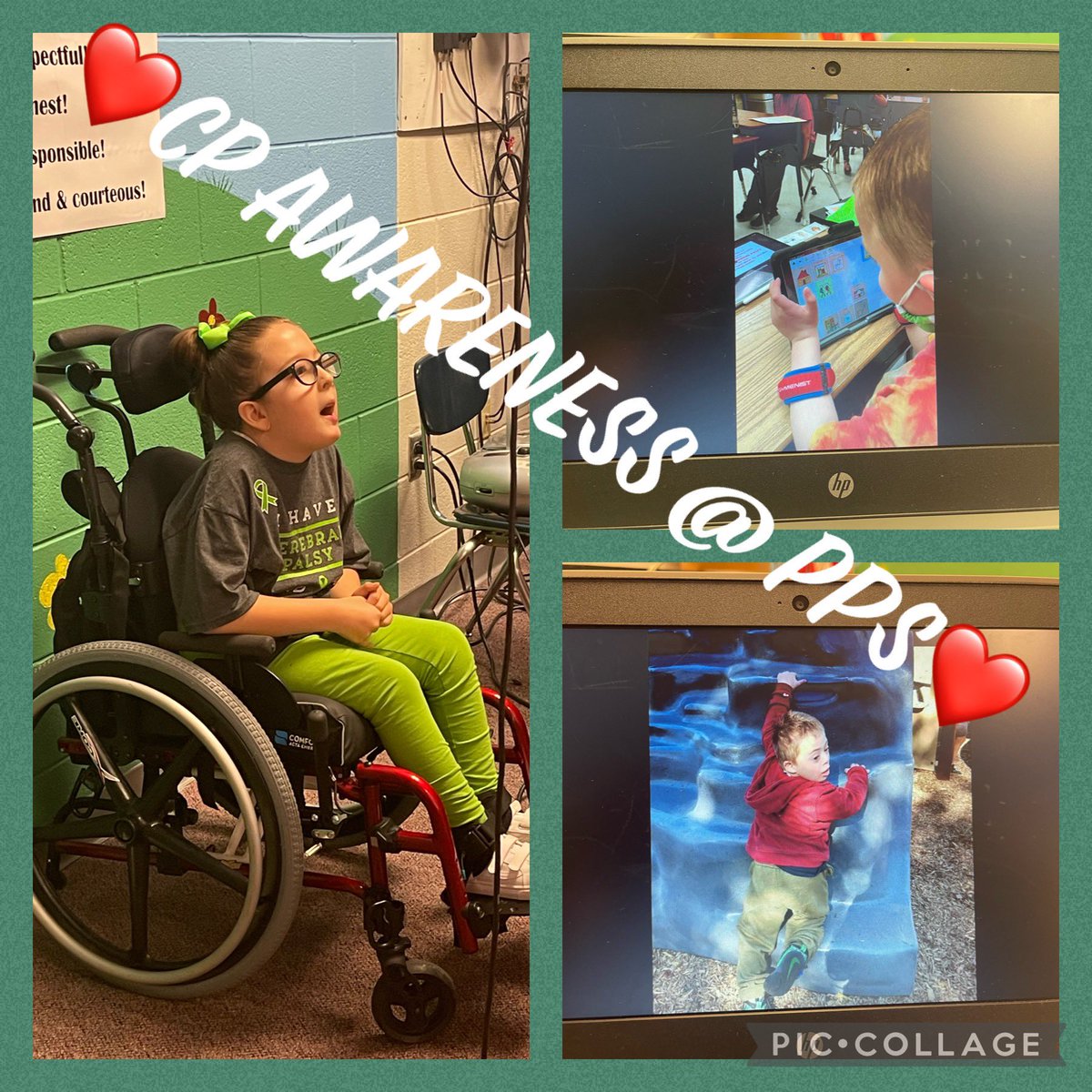 PoquosonPS's tweet photo. On the Morning Show today, PPS students met three of our students with Cerebral Palsy through a student presentation and informational video! #CPAwareness #bullpride #weargreen https://t.co/8DqbkoPjOg