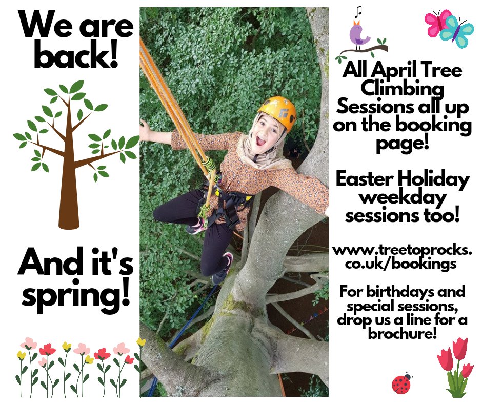 BACK FOR TREE CLIMBING!
All posts for April/Easter specials now up. We start from the ground in secure harnesses so even nervy climbers can try a foot or two and swing! 
Otherwise the sky is your limit with a very tall beech tree! treetoprocks.co.uk/bookings 

🌳🌈🐥🌳🍄🌸🌳🐰🌼🌳