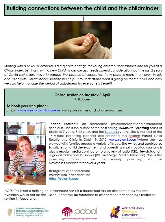 WxCoChildcare's tweet photo. Attention Wexford Childminders - Free Webinar with Joanna Fortune. Email Mary at info@wexfordchildcare to book your place. https://t.co/4wyCPWuygf