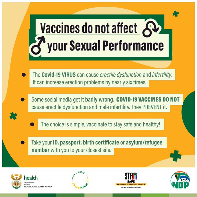 GovernmentZA's tweet photo. #VaccinateToSaveSouthAfrica | Get vaccinated against #COVID19 and encourage others to do so as vaccines do not affect your sexual performance. #IChooseVaccination #KeReady https://t.co/3qtoIzlEhb