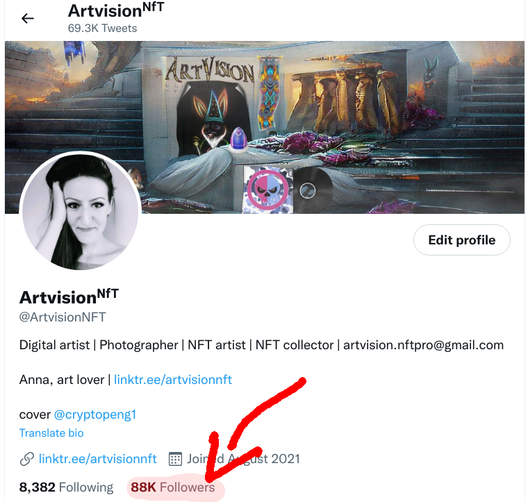 ArtvisionNFT's tweet photo. We are 88k! 🥳 Thank you so much everyone! 😍 Need to start to think about how to celebrate 100k. Suggestions? 🍾 https://t.co/MVvIcYqRpL