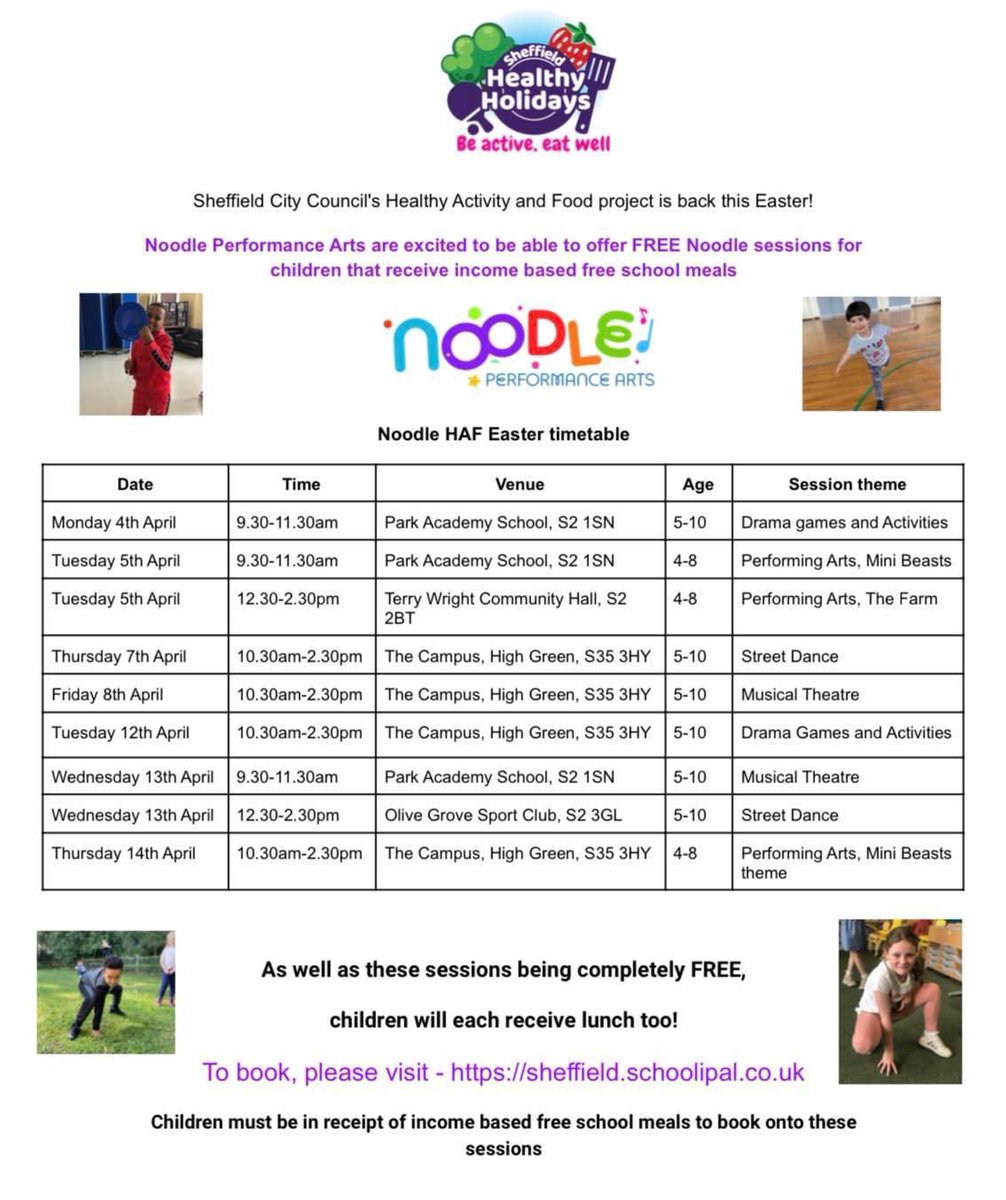 🤩 @SheffCouncil Healthy Activity & Food project is back this Easter! 🤩 FREE Noodle sessions & lunch for children that receive income based free school meals To book visit - sheffield.schoolipal.co.uk #sheffield #healthyholidays #sheffieldhealthyholidays #sheffieldkids #HAF