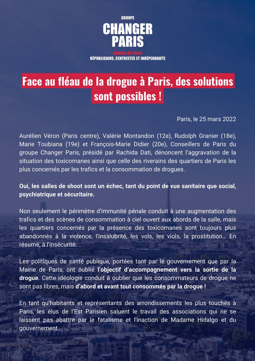 Paris_Liberte's tweet photo. Pour répondre à la détresse des Parisiens confrontés aux trafics de #drogues & pour aider les toxicomanes, des solutions existent!
Les élus du @GpeChangerParis du Centre, 12e, 18e, 19e et 20e sont consternés qu'@Anne_Hidalgo rejette depuis des années leurs propositions.⤵️ https://t.co/mmEmHPB2Kb