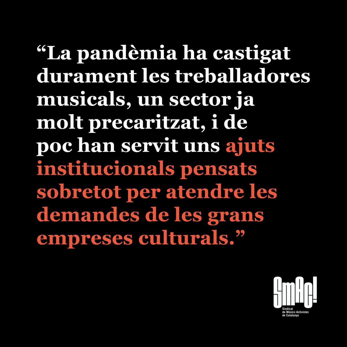 Sindicat_SMAC's tweet photo. 📝"Cultura i pandèmia, sortir del foc per caure a les brases"

El passat mes de febrer @La_Directa publicava aquest article escrit per membres d'SMAC! sobre com ha empitjorat la situació de les treballsdores musicals durant la pandèmia.

▶️ https://t.co/5AjuGoLY8s
#directa541 https://t.co/ksO2lrm26a