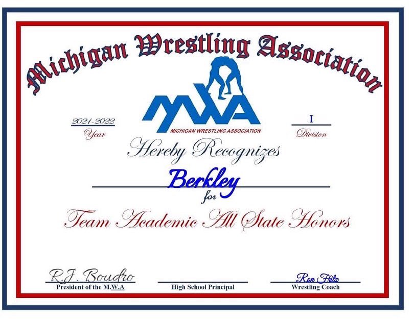 berkley_wrestle's tweet photo. Family first, school second, wrestling third.  We are proud to share that Berkley High School Wrestling has earned Team Academic  All State Honors.  Additionally, @levvvm earned Individual Academic All State Honors.
GO BEARS! https://t.co/urOhbMg2w6