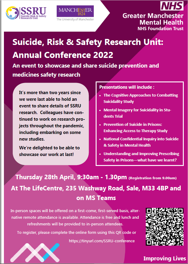 NCISH_UK's tweet photo. Suicide, Risk &amp; Safety Research Unit: Annual Conference 2022 https://t.co/EdW1Y1nzJR
