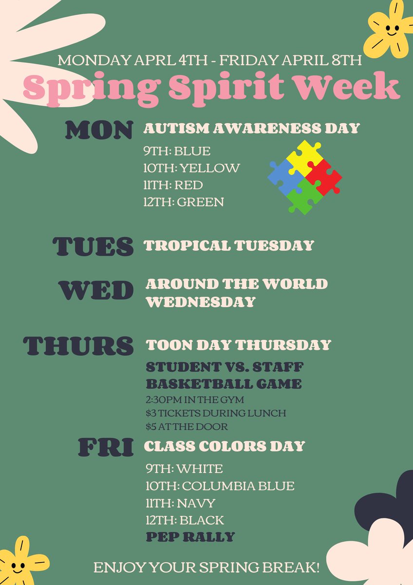 PotomacSALC_SCA's tweet photo. THE COUNTDOWN TO SPRING BREAK IS ON🌸🌷🌞😎LET'S CELEBRATE WITH OUR SPRING SPIRIT WEEK AND PEP RALLY !!! #WeArePotomac https://t.co/UT6Iqh9oUL