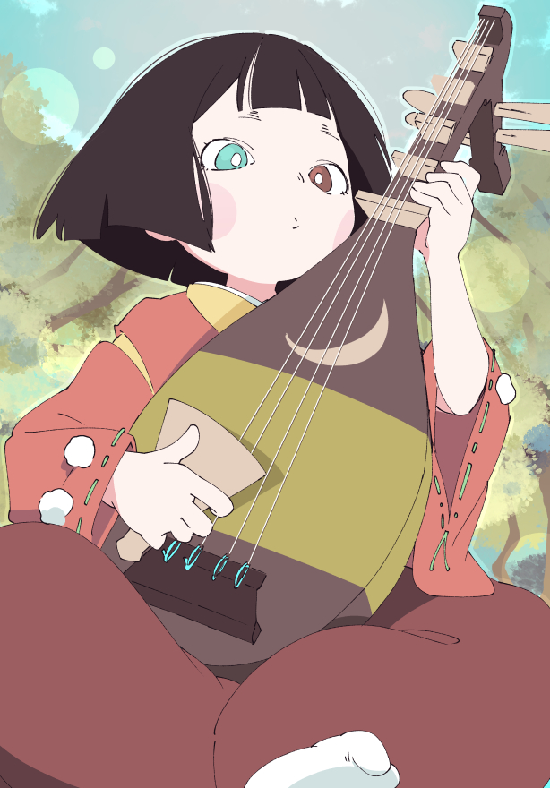 1girl instrument heterochromia solo japanese clothes black hair biwa lute  illustration images