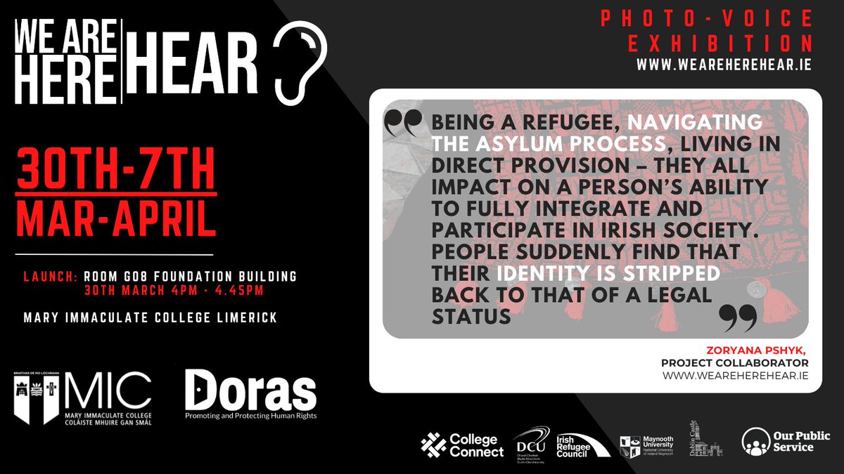 ‘We Are Here, HEAR’ exhibition is a timely look at refugee experiences in Ireland. Running from the 30th March to 7th April at MIC Limerick, ‘We Are Here, Hear’ gives voice to the many barriers facing people rebuilding there lives in Ireland.