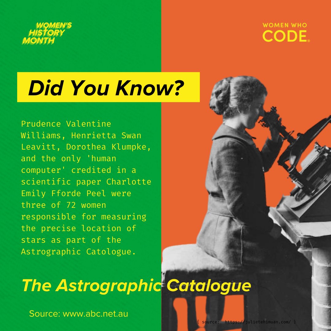 Did you know Sheree Atcheson is a proven data-driven DEI technologist, Hedy Lamarr mesmerized crowds as a performer and invented ground-breaking technology, and 72 women in Australia measured the location of the stars?

#wwcode
#womenwhocode
#womenintech 
#WHM