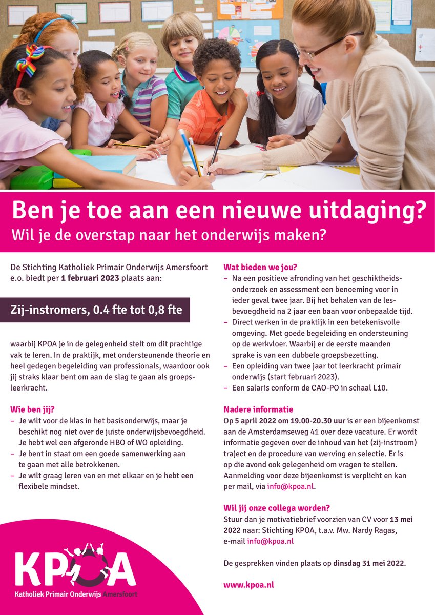 InfoKpoa's tweet image. Overweeg jij de stap te maken naar het #onderwijs ? KPOA organiseert op dinsdagavond 5 april een informatiebijeenkomst over het #zijinstroomtraject
Geïnteresseerd? Meld je aan via info@kpoa.nl