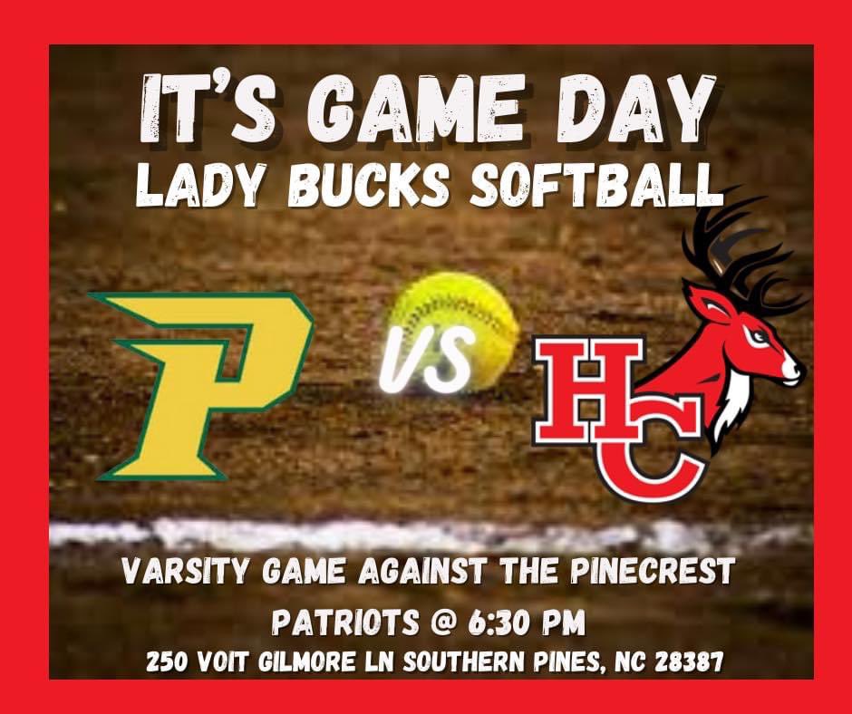 Our Lady Bucks travel to Southern Pines tonight to take on the <a href="/PinecrestSoftb1/">Pinecrest Softball 🥎</a> Patriots! Come on out and help us cheer them on!! #GOLADYBUCKS 🥎❤️

gofan.co/app/school/NC1…        <a href="/HokeAthletics/">Sports Information</a>