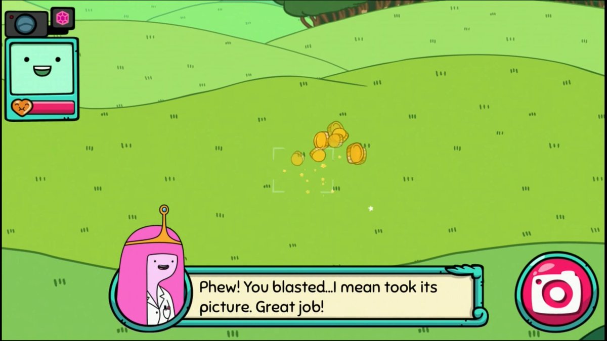 _jagm_'s tweet photo. I just found out that in the mobile game "BMO Snaps", Princess Bubblegum gives BMO a gun but tells him that it's just a camera. So the name of the game could be interpreted in two very different ways. https://t.co/Bg8lw5pxCI