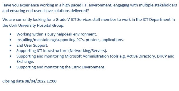 CUH_ICT (@cuhict) on Twitter photo There is currently an exciting opportunity to become part of the CUH ICT team, the position of Grade V, ICT Services Staff has been advertised at hse.ie/eng/staff/jobs… For Full details check out the link! or click the image here for a brief job description. #jobfairy <a href="/CUH_Cork/">Cork University Hospitals</a> There is currently an exciting opportunity to become part of the CUH ICT team, the position of Grade V, ICT Services Staff has been advertised at hse.ie/eng/staff/jobs… For Full details check out the link! or click the image here for a brief job description. #jobfairy <a href="/CUH_Cork/">Cork University Hospitals</a>