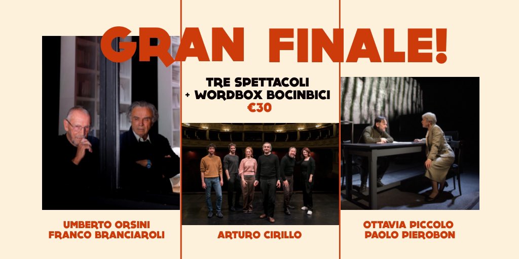 TEATROTSB's tweet photo. Promo #GranFinale🤩
Assisti ai tre spettacoli di chiusura di stagione #tsb a €30 ed in omaggio* riceverai il biglietto per BOCINBICI: il #Wordbox di e con @Castellidrew e l'accompagnamento musicale di Emanuele Dell'Aquila.
Corri in biglietteria! 🏃🏼♀️
*fino ad esaurimento posti https://t.co/q5q8HJRwyB