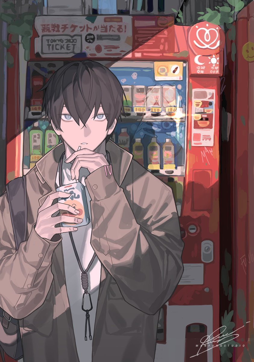 vending machine 1boy male focus solo holding jacket signature  illustration images