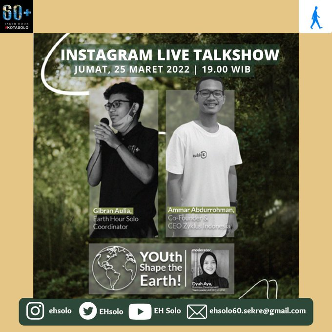 [EARTH HOUR SOLO X AIESEC IN UNS]

Sebentar lagi tanggal 26 Maret! Switch off time!

Untuk memeriahkan Switch Off 2022, Earth Hour Solo bersama <a href="/AIESEC_UNS/">AIESEC in UNS</a> akan berbagi dan bercerita bersama di instagram HARI INI! Pukul 19.00 WIB.

See you all! 👐