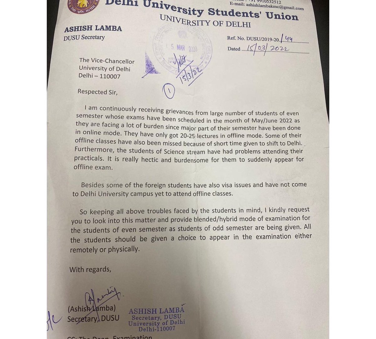 AshishLambaNSUI's tweet photo. We demand an option for hybrid mode of examinations for even semester students who have attended more than half of their semester classes in online mode. #DUSU #obe #studentprotest https://t.co/n0fTd6oprV