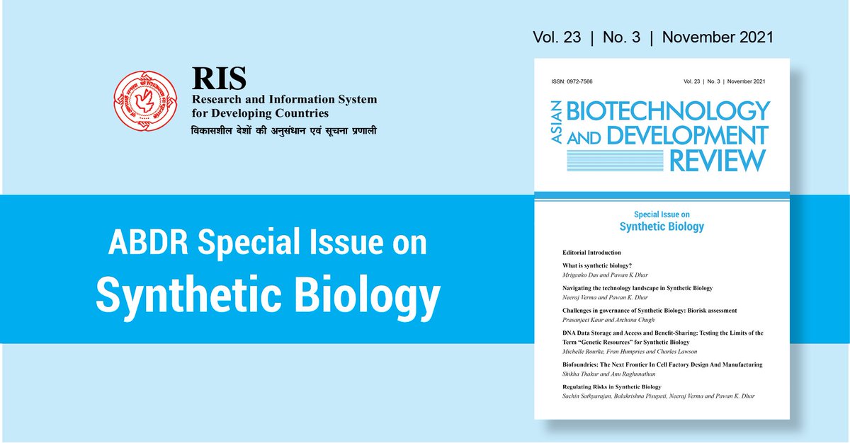 ABDR_RIS's tweet photo. ๐ขOUT NOW: Vol. 23 No. 3 #Special Issue on #SyntheticBiology is now ONLINE!
Read excellnt articles by leading exprts coverng imp aspects w.r.t #SynBio e.g #tech landscape,risk #regulation,#governance,#ABS & #biofoundaries!
๐๏ธhttps://t.co/xAqlakShFW
@Sachin_Chat @RIS_NewDelhi https://t.co/QcVZrLRGIj