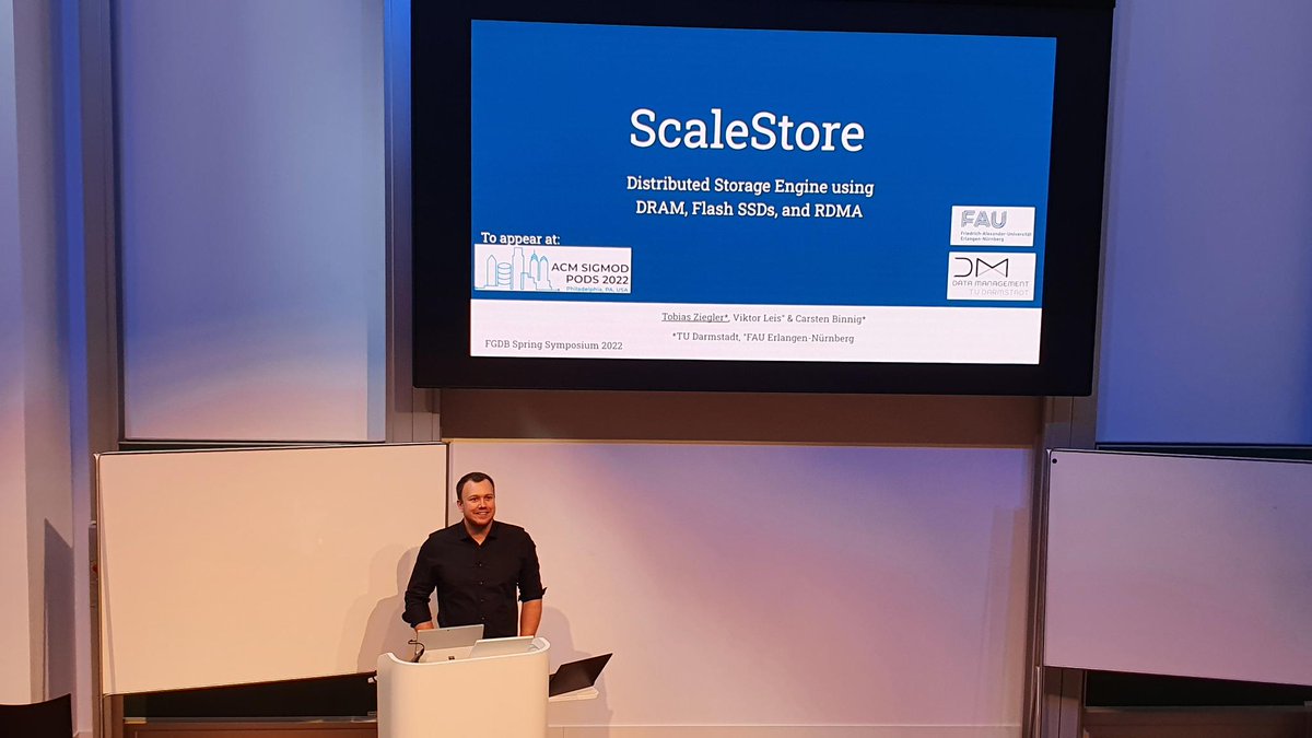 tuda_systems's tweet photo. Our PhD student Tobias Ziegler just gave a talk on "ScaleStore -- Distributed Storage Engine using DRAM, Flash SSDs & RDMA" at the #FGDB Spring Symposium 2022 at @HPI_DE. And for those who missed it: You have another chance at #Sigmod2022... ;-) https://t.co/F2NjtGf6Ak