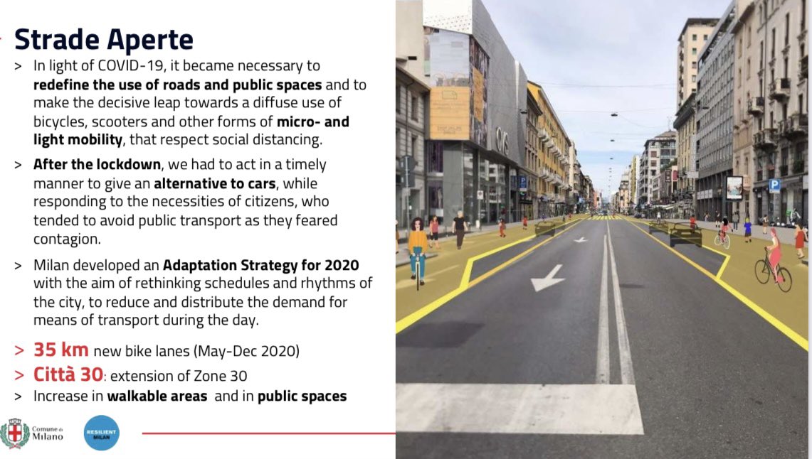 Great presentation from Milan’s Chief Resilience Officer Piero Pelizzaro (all the way from Curitiba, Brazil!) Milan has responded to the pandemic with interventions like Piazze Aperte and Strade Aperte creating no more open space and safer and longer cycling rouutrs