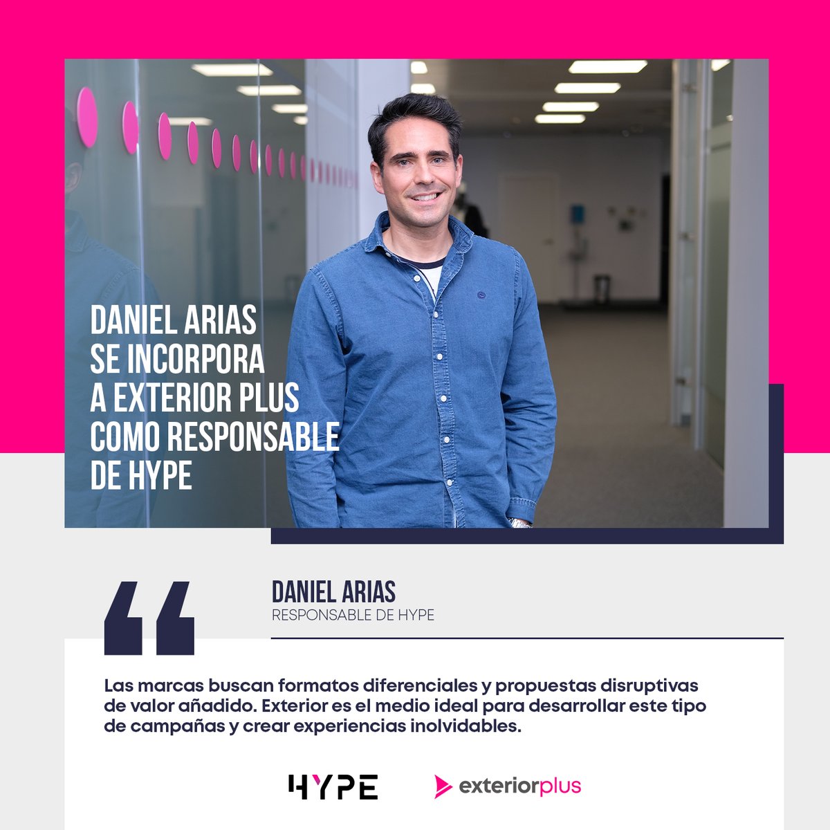 exteriorplusES's tweet photo. Damos la bienvenida a Daniel Arias Iñarra, que se incorpora a Exterior Plus como Responsable de HYPE para impulsar acciones experienciales de gran repercusión en nuestros entornos. 👏👏 https://t.co/YZonIrkW2H