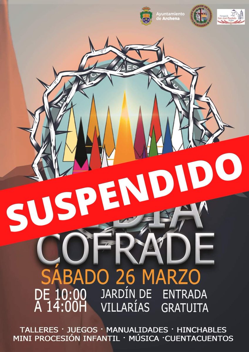 🌧️Debido a las previsiones meteorologicas adversas, comunicamos que se va a cancelar el "III Día Cofrade". ¡Seguid atentos porque quedan solo 15 días para la procesión infantil, para llenar el pueblo de diferentes colores semanasanteros y música! ❤️🧡💛💚💙💜🖤🤍
#JovenCofArchena