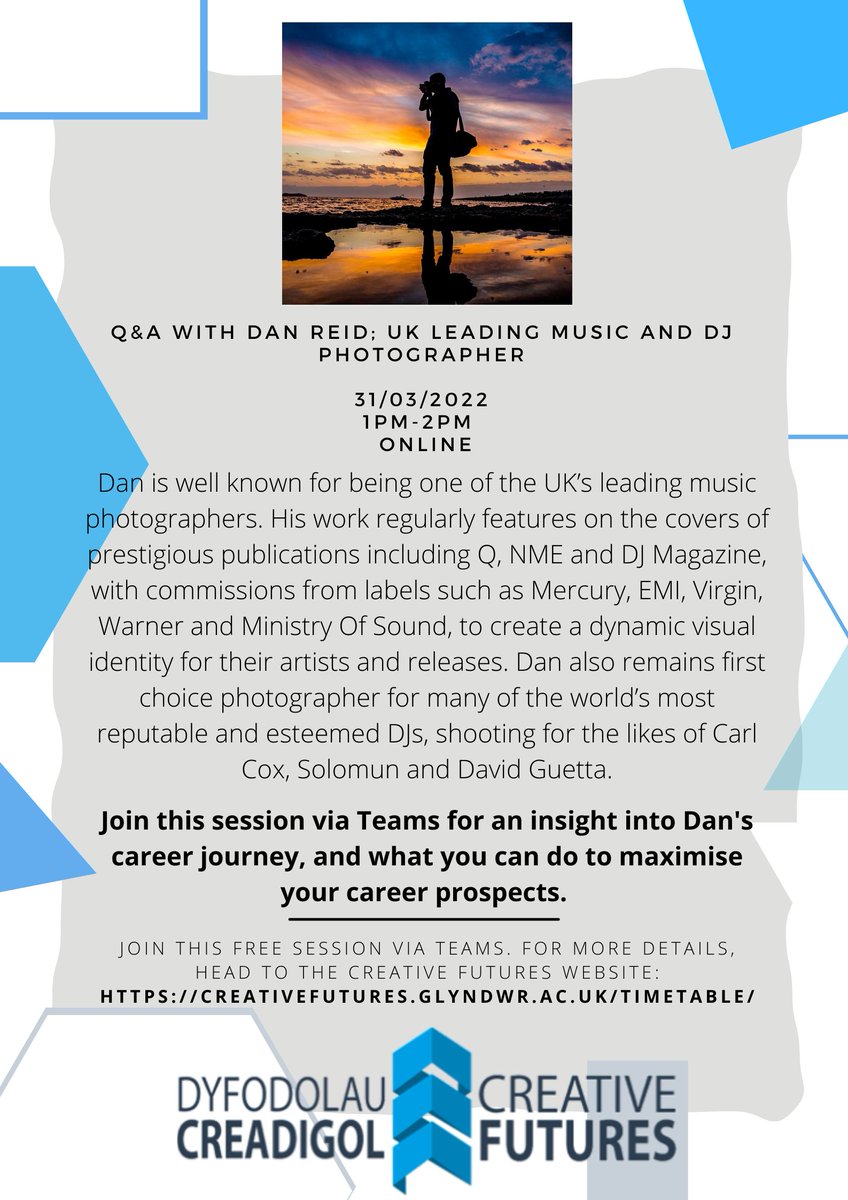 GlyndwrCF22's tweet photo. Join us tomorrow where Graeme will be interviewing leading music and DJ photographer, Dan Reid!

Don't miss out, find more details and joining instructions on the Creative Futures website: https://t.co/yBmqkDvNOm https://t.co/kl4WMQRKls