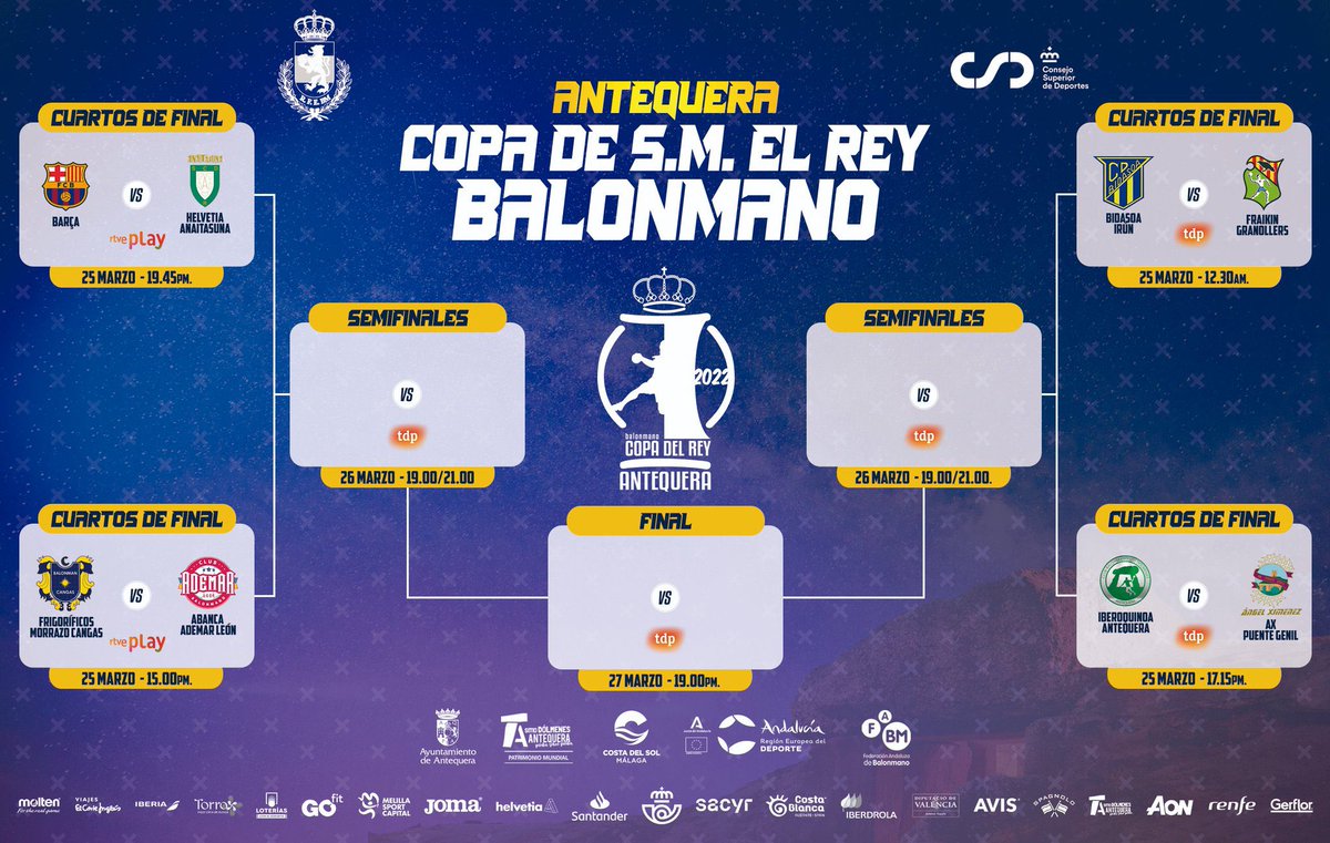 🍽📝 ¡Hoy os ofrecemos un menú completo!

1️⃣ <a href="/CDBidasoaIrun/">CD Bidasoa Irun</a> : <a href="/BMGranollers/">BM Granollers</a> (12:30)
2️⃣ <a href="/balonmancangas/">Balonmán Cangas</a> : <a href="/ADEMARLEON/">//Abanca Ademar León</a> (15:00)
3️⃣ @IberoquinoaABM : <a href="/AngelXimenezBM/">BM Ángel Ximénez Puente Genil</a> (17:15)
4️⃣ <a href="/FCBhandbol/">Barça Handbol</a> : <a href="/AnaitasunaBM/">HELVETIA ANAITASUNA</a> (19:45)

📺 <a href="/teledeporte/">Teledeporte</a> y <a href="/rtveplay/">RTVE Play</a>

#CopaRey2022 #Balonmano