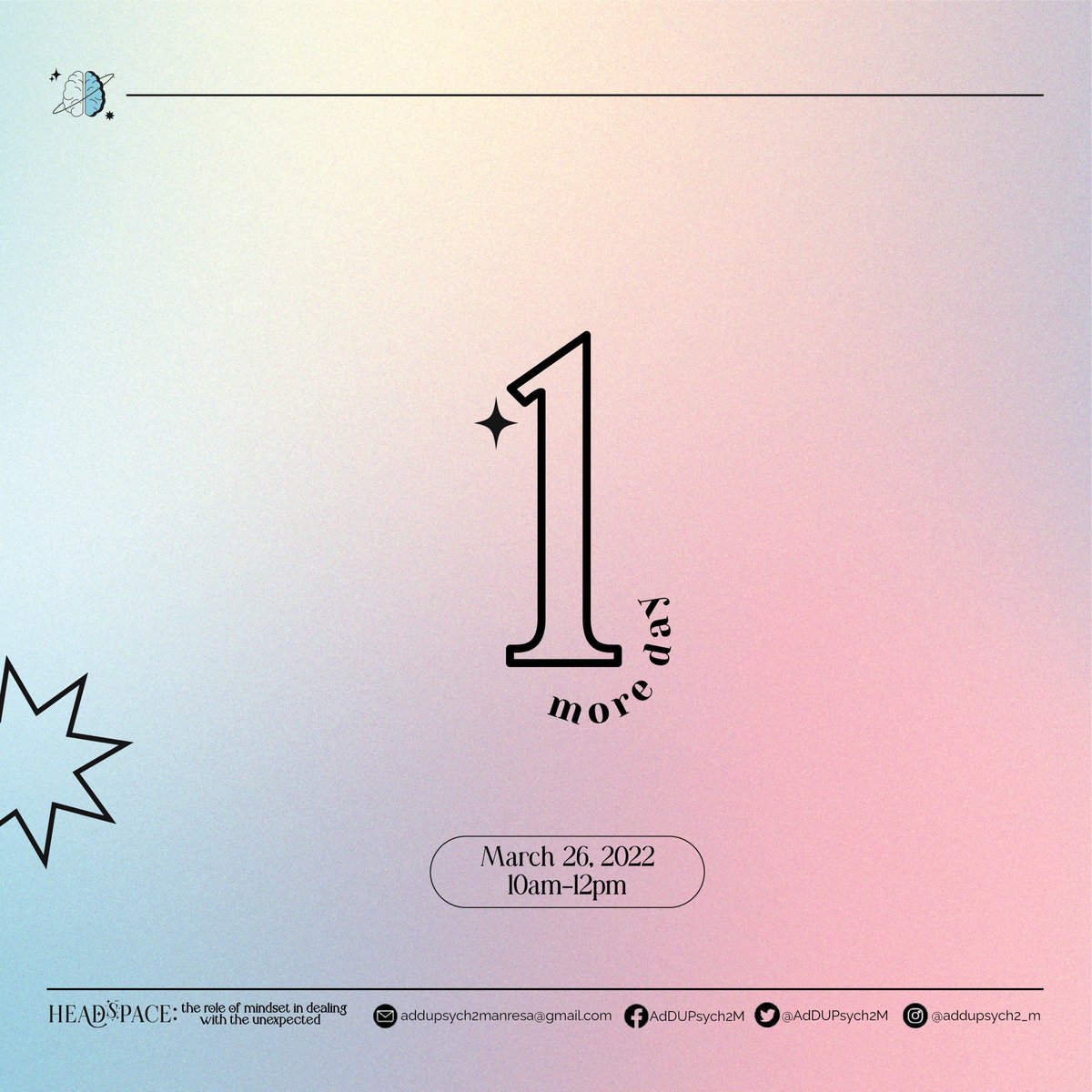 AdDUPsych2M's tweet photo. Tomorrow is the D-Day! Are you ready headventurers? 

Isn't it exciting to venture with students you can surely relate to? With HEADSPACE 2022, you will be learning essential thinking skills, especially in countering the unexpected . https://t.co/3VkDDxR8zY