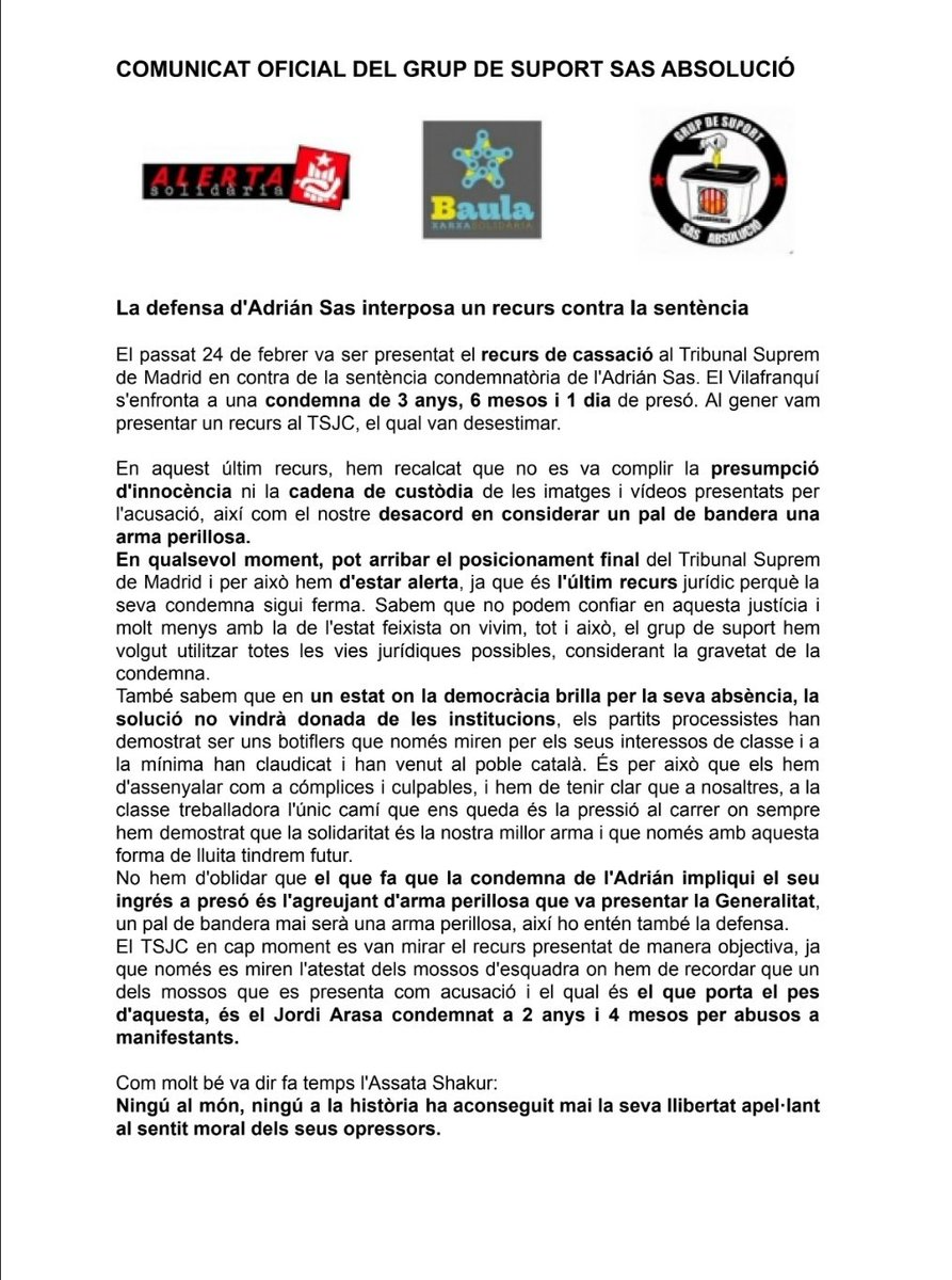 sasabsolucio's tweet photo. Comunicat
Hem presentat l'últim recurs abans que la sentència sigui ferma. La solució no vindrà de les institucions.
Ningú al món, ningú a la història ha aconseguit mai la seva llibertat apel·lant al sentit moral dels seus opressors.
Per això, fem una crida a les mobilitzacions https://t.co/c02XjpbQXn
