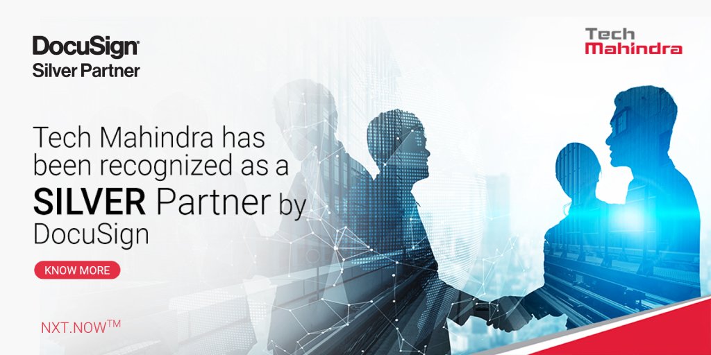 tech_mahindra's tweet photo. We're delighted to share that we have been recognized as a Silver Partner by @DocuSign.

Kudos to our #DigitalSupplyChain Leadership – @praneeth_bt, @SJayaswal, Mahesh Iyer &amp; DocuSign Leadership

Know More: https://t.co/9BKNuhz50g

#NxtNow #DigitalTransformation https://t.co/zkqHymHLp9