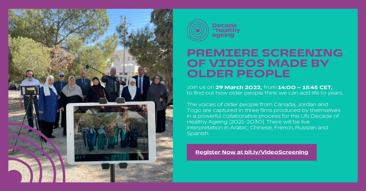 UN Decade of Healthy Ageing (2021-2030) (@undecadeageing) on Twitter photo Older people from Canada, Jordan & Togo have gathered for <a href="/UNDecadeAgeing/">UN Decade of Healthy Ageing (2021-2030)</a> to make films that tell their authentic stories about #HealthyAgeing.
Will you come & listen to their #voices?
✍️ JOIN US on 29 March: decadeofhealthyageing.org/find-knowledge…
📺 WATCH a preview: decadeofhealthyageing.org/find-knowledge… Older people from Canada, Jordan & Togo have gathered for <a href="/UNDecadeAgeing/">UN Decade of Healthy Ageing (2021-2030)</a> to make films that tell their authentic stories about #HealthyAgeing.
Will you come & listen to their #voices?
✍️ JOIN US on 29 March: decadeofhealthyageing.org/find-knowledge…
📺 WATCH a preview: decadeofhealthyageing.org/find-knowledge…