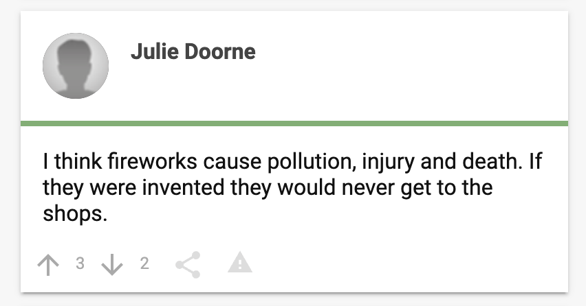 _Joe's tweet photo. @SP_Justice @THE_BFA_UK Evidence part 2: https://t.co/N2xNR99paJ This is Julie Doornes' reply to the recent questions, the leader of the anti-firework group, she lives in England. None of the online consultation tools ever verify that a respondent is actually in Scotland, the data can't be trusted. https://t.co/rrxyGR14o6