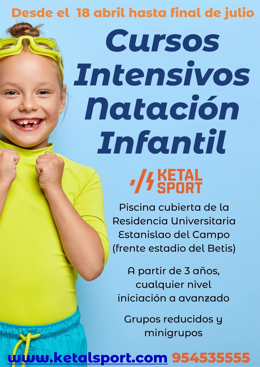 El 18 de abril comienzan los cursos intensivos de natación infantil que Ketal Sport imparte todos los años en la piscina cubierta de la Residencia Universitaria Rector Estanislao del Campo. + info en ketalsport.com o llamando al 954535555.