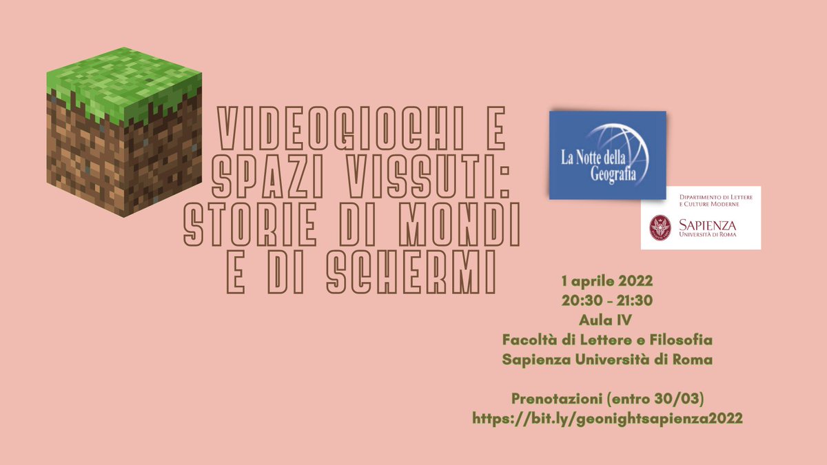 Minecraft e Hollow Knight come non li avete mai visti! Ripercorriamo insieme il concetto di "spazio vissuto" all'interno di questi videogiochi.
#nottedellageografia2022 #luoghicultureperiferie <a href="/SapienzaRoma/">Sapienza Università di Roma</a> <a href="/Aiigromaelazio/">AIIG - Roma e Lazio</a> <a href="/AIIGgeografia/">AIIG - Geografia</a>