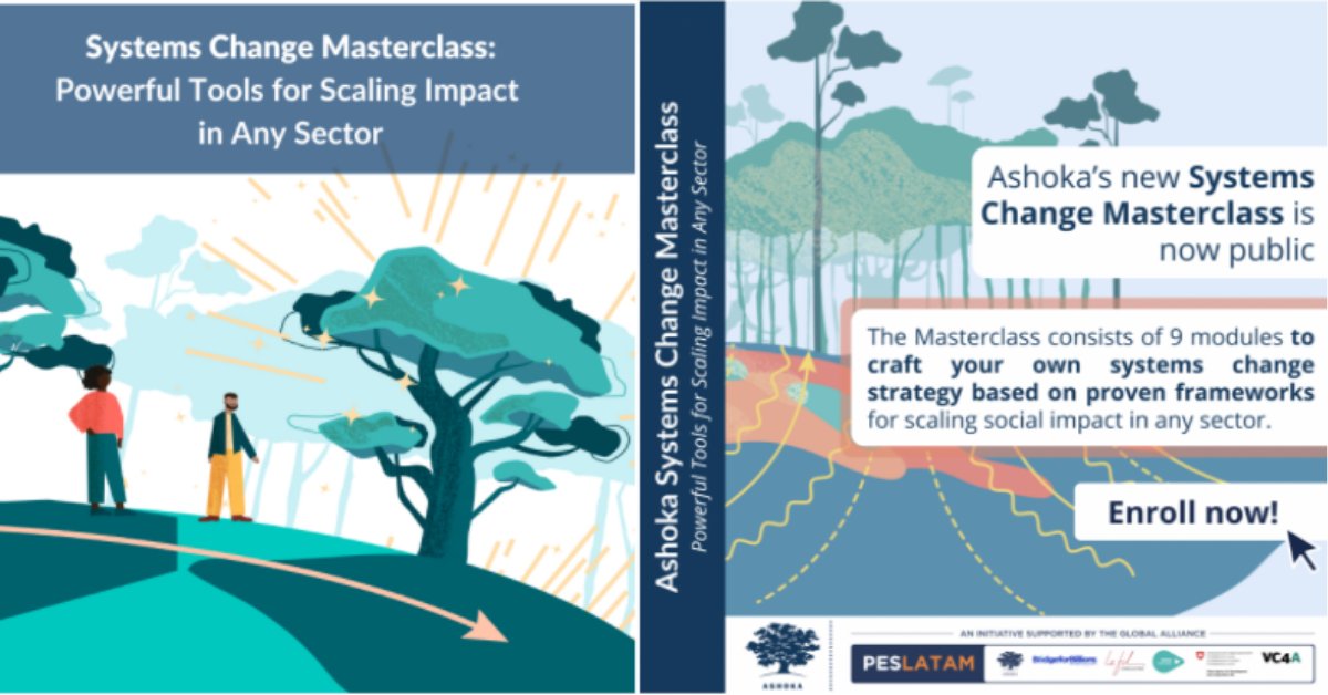 Ashoka's tweet photo. We are thrilled to announce that Ashoka’s new #SystemsChange Masterclass is now public! The Masterclass was co-developed by the Ashoka Globalizer and the Europe Fellowship team thanks to the support of the Global Alliance PES LATAM. https://t.co/v8TnRX41J4