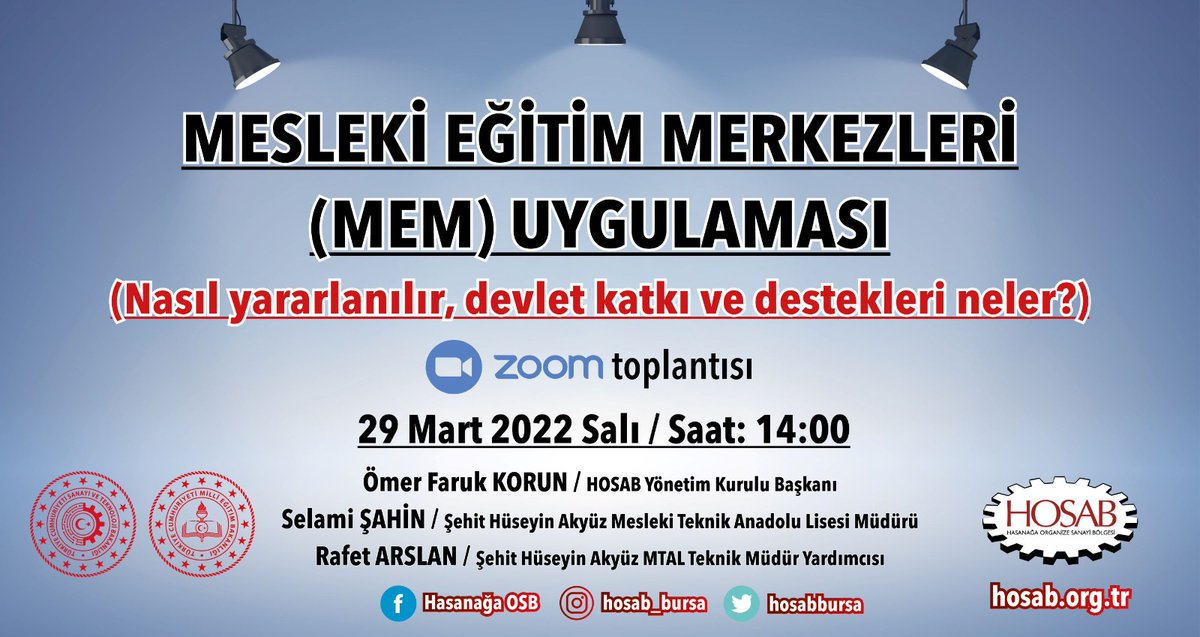 Davetlisiniz📢
◾Uygulamadan nasıl yararlanılır? 
◾Devlet katkı ve destekleri nelerdir? 
Okul Mdr. Sn.Selami ŞAHİN ve Mdr. Yrd. Sn. Rafet ARSLAN,Mesleki Eğitim Merkezi (MEM) Uygulaması Zoom Toplantısında merak edilen soruları yanıtlayacaklar.
 @serkangur_ist  @bursailmem